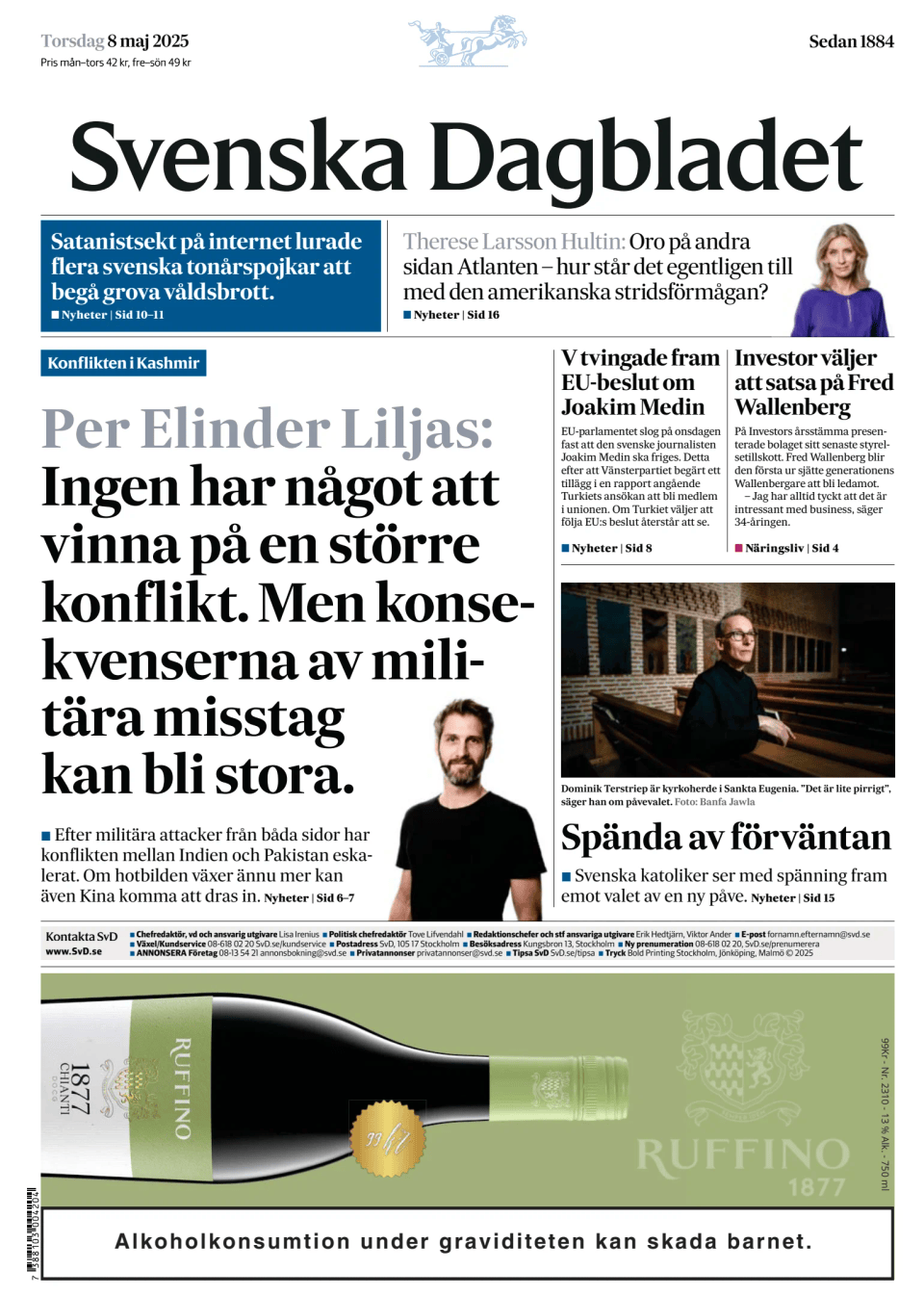 Prima-pagina-Svenska Dagbladet-edizione-di-oggi-20250508